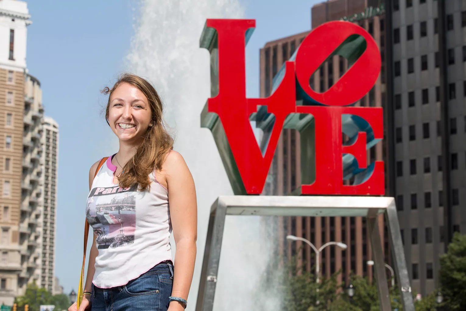 Student in front of LOVE statue in Philadelphia