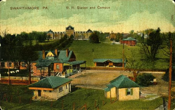 ca. 1899 postcard showing the Swarthmore Train Station and College Campus